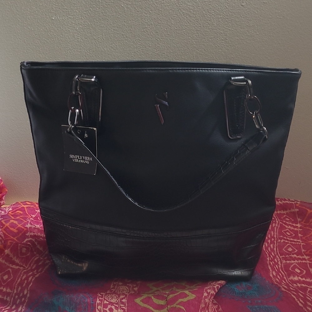 Simply Vera Wang Black Leather Tote Bag